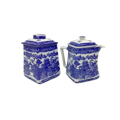 BLUE WILLOW RINGTONS LIMITED TEA MERCHANTS VINTAGE BISCUIT JAR & 6cup TEAPOT SET Rington
