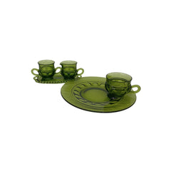 INDIANA GLASS Avocado Green Kings Crown Thumbprint Sugar Creamer Snack Plate & Teacups Vintage
