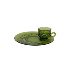 INDIANA GLASS Avocado Green Kings Crown Thumbprint Sugar Creamer Snack Plate & Teacups INDIANA GLASS Avocado Green Kings Crown Thumbprint Sugar Creamer Snack Plate & Teacups