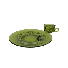 INDIANA GLASS Avocado Green Kings Crown Thumbprint Sugar Creamer Snack Plate & Teacups INDIANA GLASS Avocado Green Kings Crown Thumbprint Sugar Creamer Snack Plate & Teacups