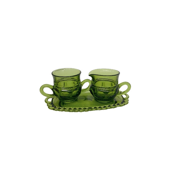 INDIANA GLASS Avocado Green Kings Crown Thumbprint Sugar Creamer Snack Plate & Teacups