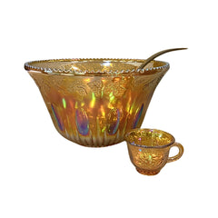 VINTAGE INDIANA MARIGOLD CARNIVAL GLASS PUNCH BOWL GRAPES-12 CUPS-LADEL