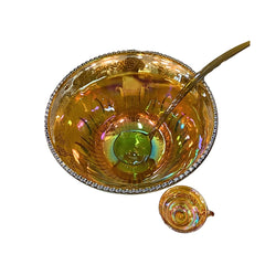 VINTAGE INDIANA MARIGOLD CARNIVAL GLASS PUNCH BOWL GRAPES-12 CUPS-LADEL